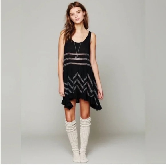 Free People Voile Trapeze Black and Gray Polka dots lace trim slip mini Dress - Picture 1 of 14